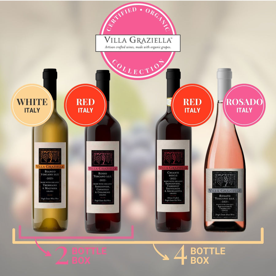 Villa Graziella organic wine four-bottle box with graphics that show the hue of each wine and which wines are in the two-bottle versus four-bottle boxes.