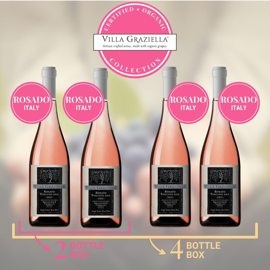 Villa Graziella organic wine all-Rosato Collection available as two-bottle or four-bottle boxes.